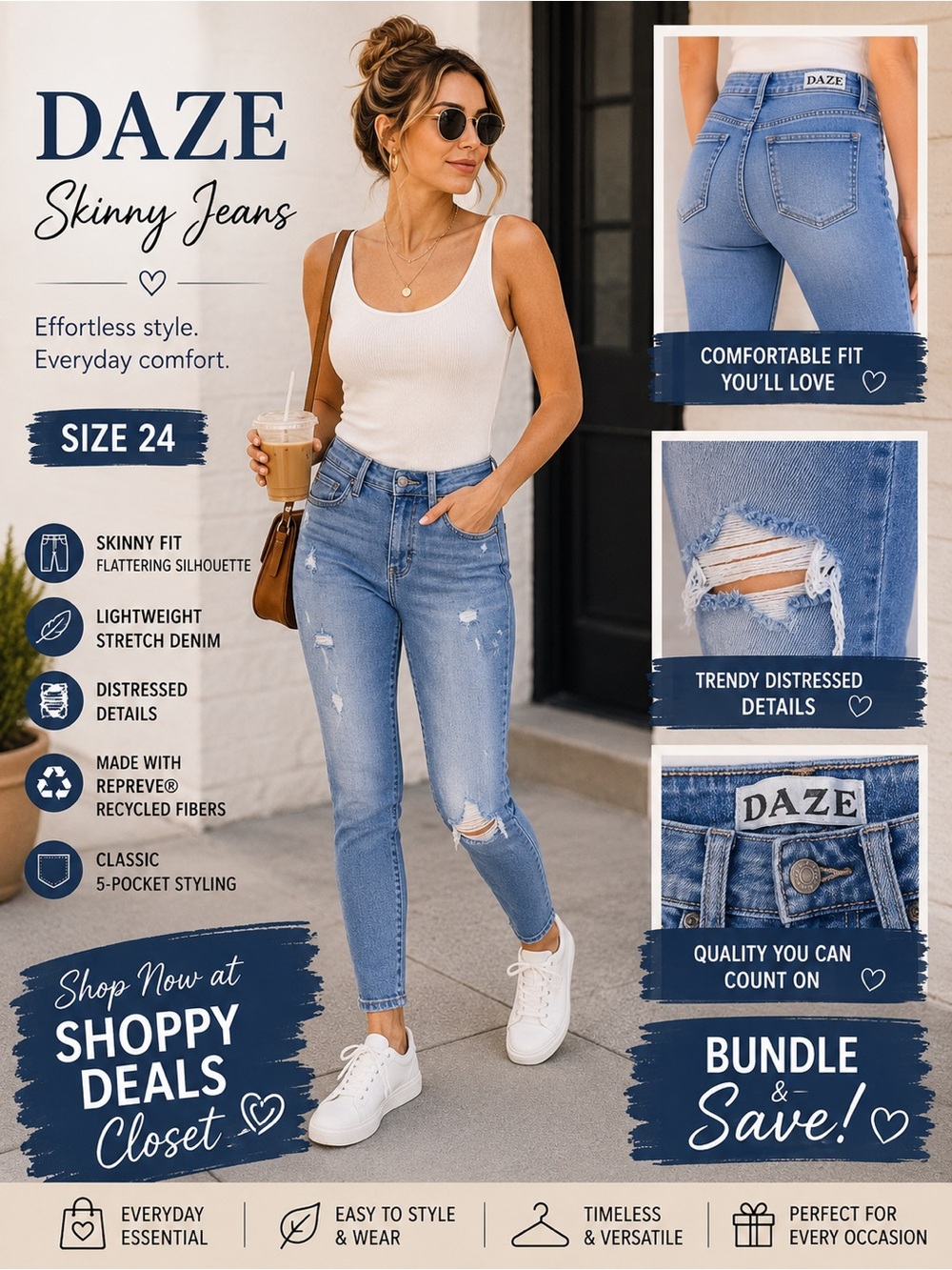 DAZE Distressed Skinny Jeans Size 24 Light Wash Stretch Denim